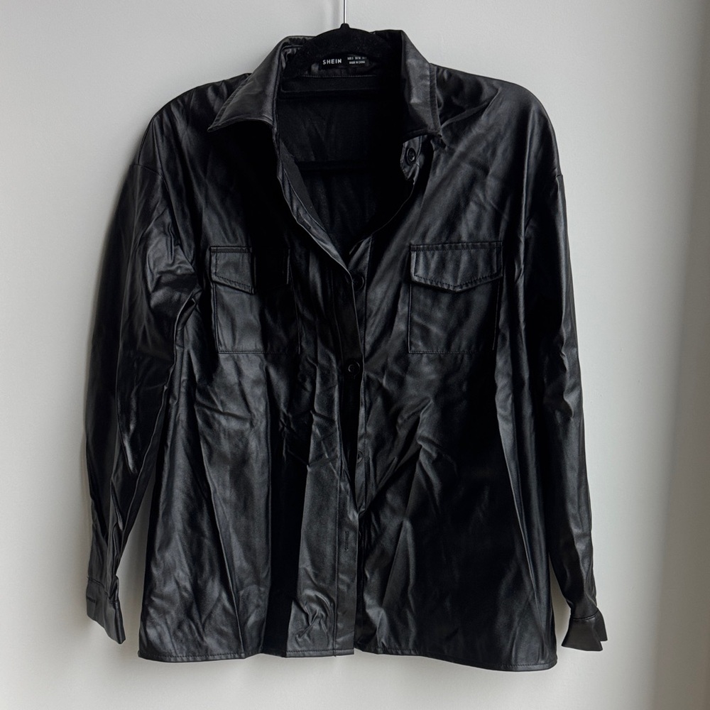 SHEIN Black Faux Leather Shirt Jacket Size S